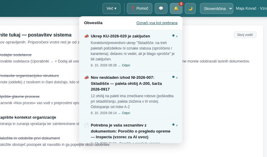 Odprto okno obvestil: dokument čaka na odobritev, predlog nove verzije, potrebna seznanitev