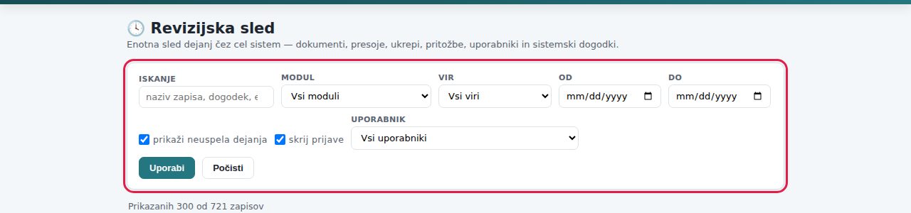 Filtri revizijske sledi: iskanje, modul, vir, obdobje, uporabnik in razlog vpogleda