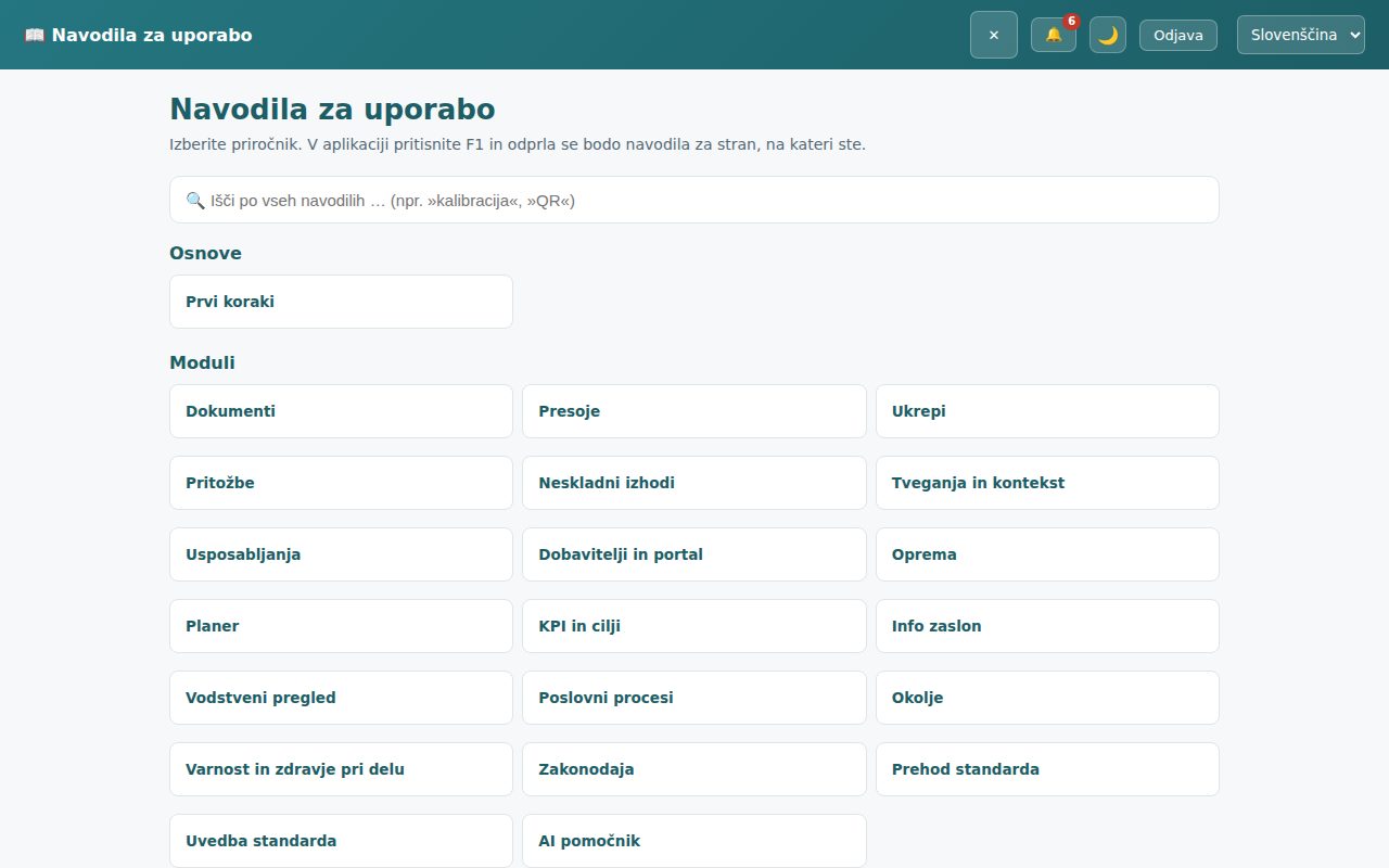 Kazalo priročnikov na strani /navodila z iskalnim poljem na vrhu