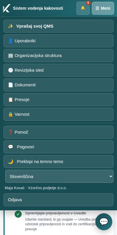 Domača stran na telefonu z odprtim menijem ☰ Meni
