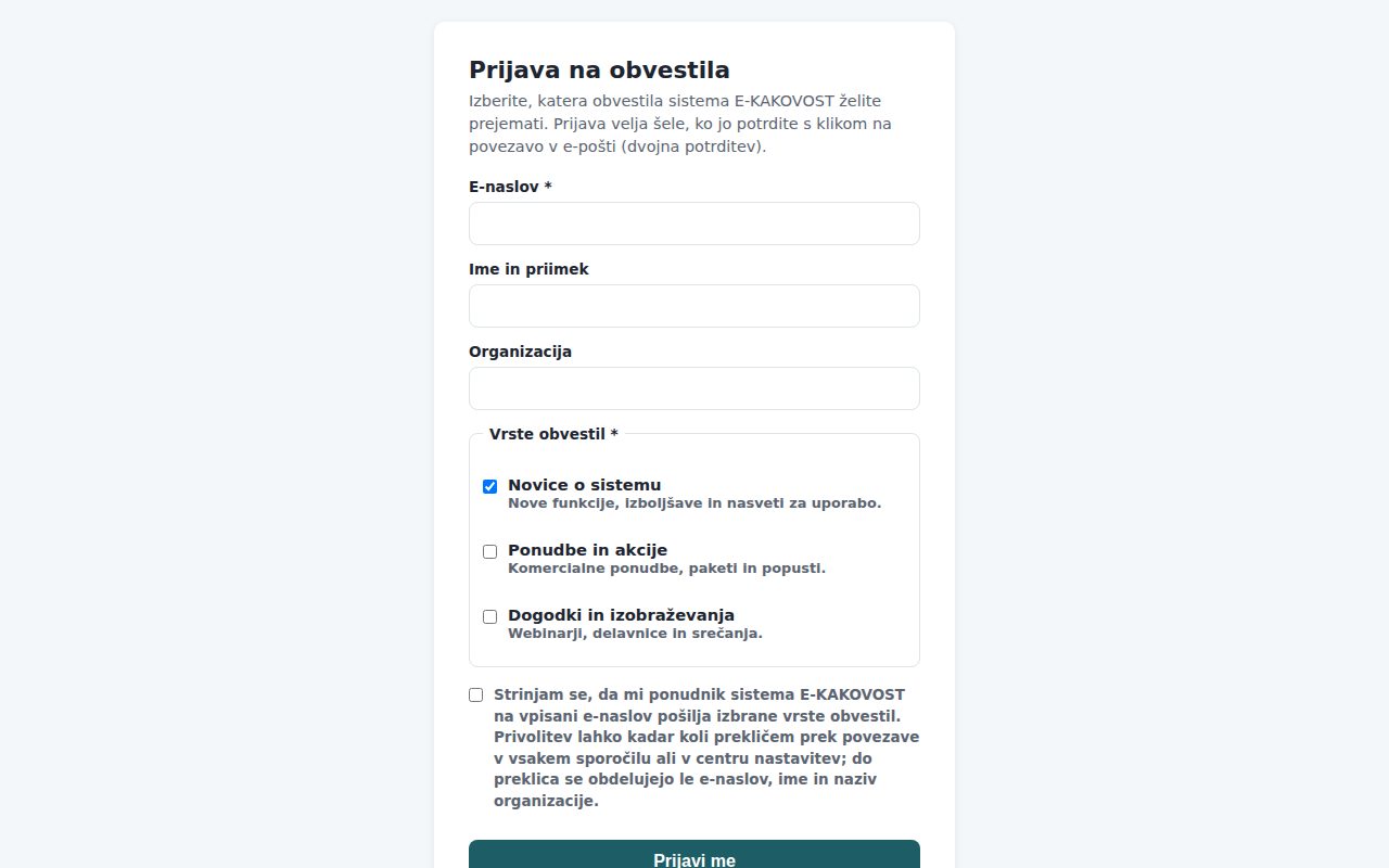 Javna stran za prijavo na obvestila ponudnika