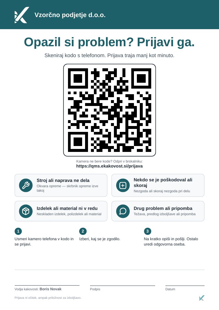 Plakat »Opazil si problem? Prijavi ga.«: ime organizacije, velika QR koda, štiri vrste prijave, trije koraki in prostor za podpis vodje