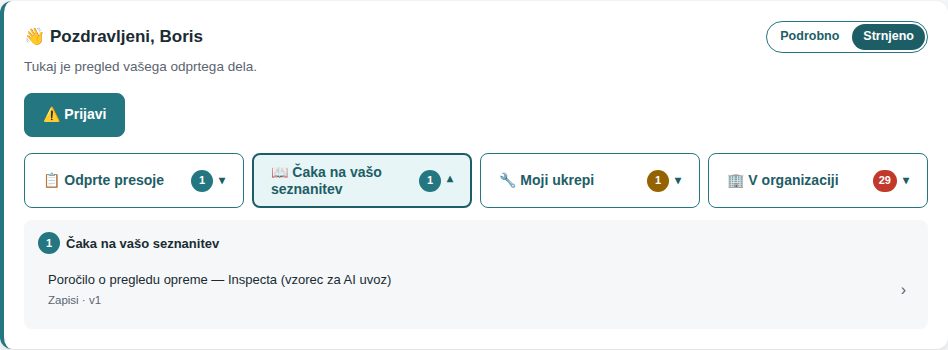 Strnjen pogled: vrstica gumbov z značkami števila in razširjen samo stolpec »Čaka na vašo seznanitev«