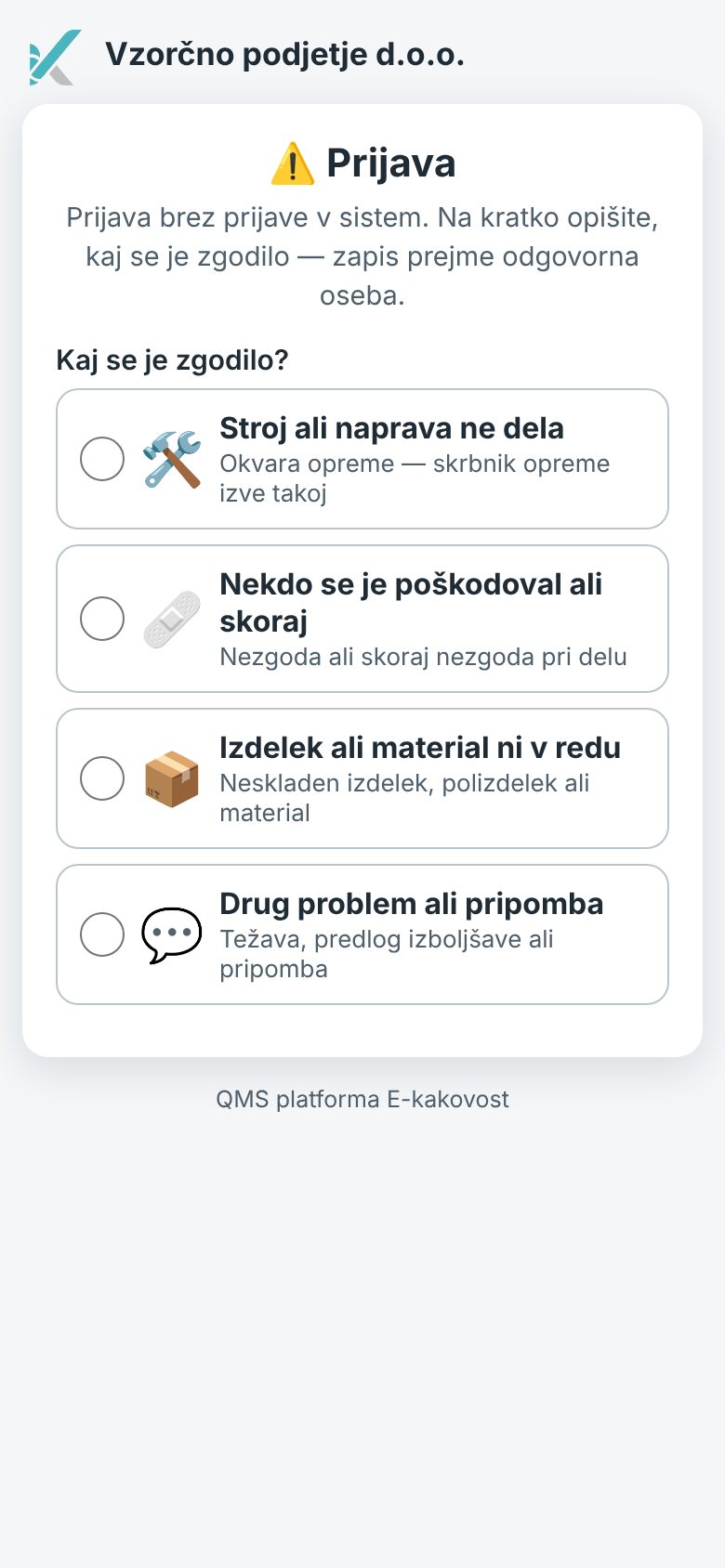 Stran, ki se odpre po skeniranju QR kode: naziv organizacije in štiri vrste prijave (prikazane so le tiste, ki jih je organizacija odprla)