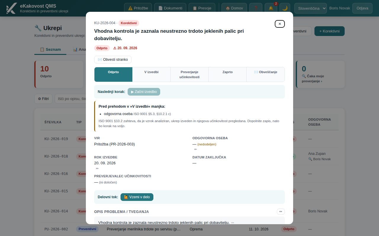 Po kliku na vrstico »CAPA rok izvedbe« se odpre modul CAPA ukrepi, kjer ukrep rešite
