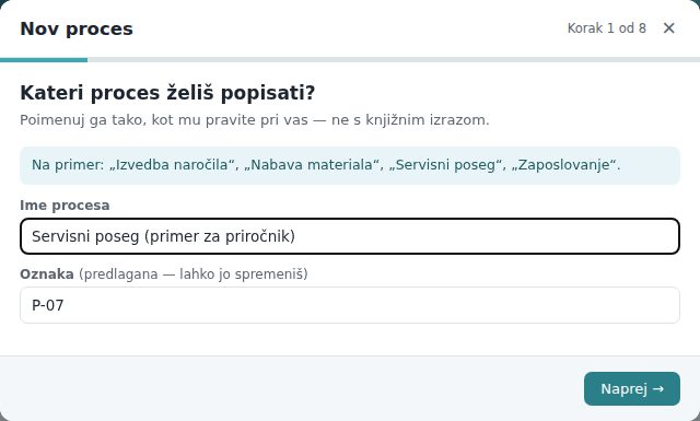 Čarovnik, korak 1: ime procesa in predlagana oznaka
