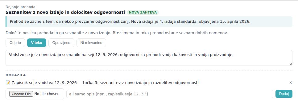 Postavka z izbranim stanjem V teku in opombo o opravljenem pregledu