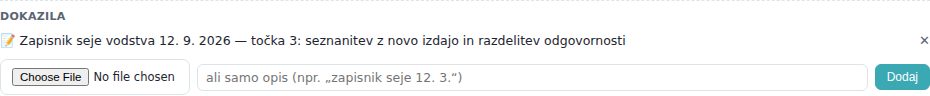 Razdelek Dokazila pri postavki z zapisanim dokazilom in vnosnima poljema