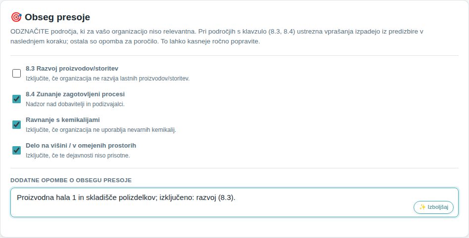 Korak Uporabnost: razvoj (8.3) je izključen, ostala področja ostanejo