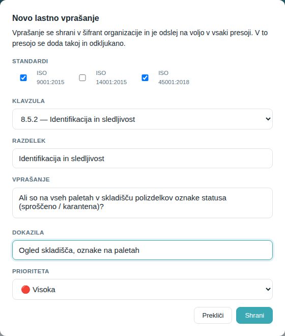 Okno Novo lastno vprašanje za klavzulo 8.5.2 — oznake statusa na paletah