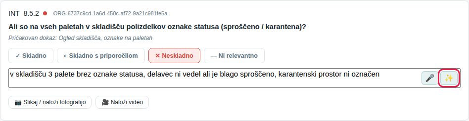 Gumb ✨ ob terenskem zapisu ugotovitve; klik odpre okno s primerjavo vašega zapisa in AI predloga