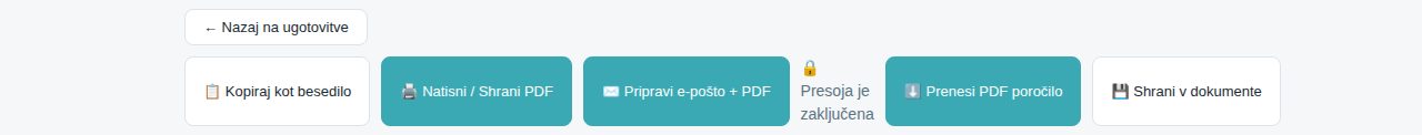 Po zaključku: oznaka 🔒 Presoja je zaključena ter gumba Prenesi PDF poročilo in Shrani v dokumente