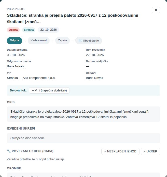 Podrobnosti nove pritožbe: potek statusov, rok, odgovorna oseba in delovni tok; gumbi (Vzemi v obravnavo …) in razdelki Priloge, Pogovor in Sled odločitve so pod njimi