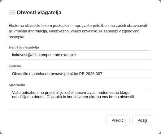 Vmesno obvestilo vlagatelju po e-pošti