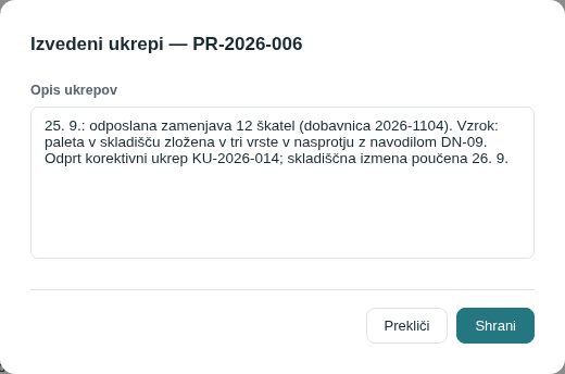 Okno Izvedeni ukrepi: zamenjava, vzrok, sklic na korektivni ukrep KU-2026-014