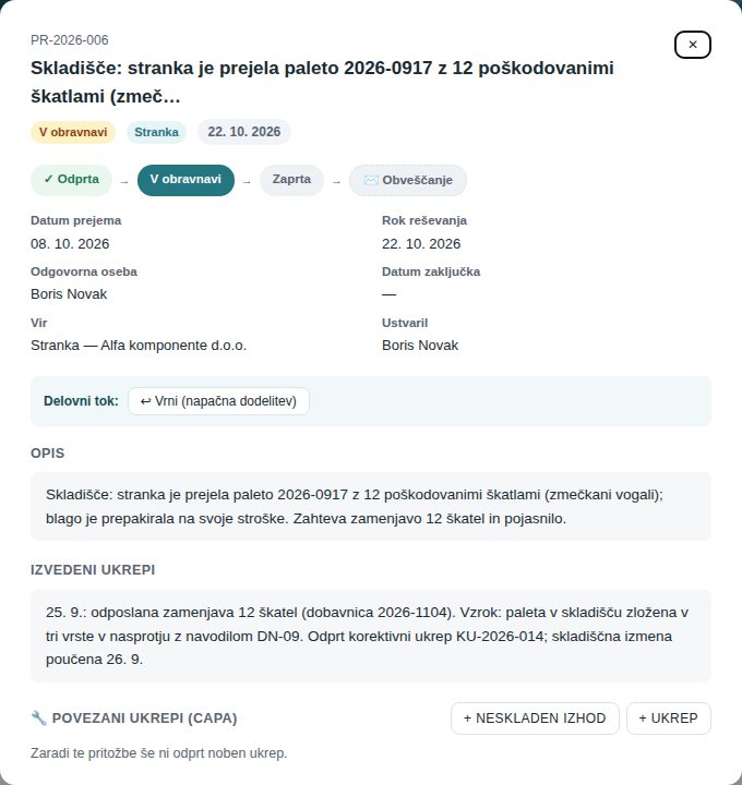 Pritožba v obravnavi z vpisanimi izvedenimi ukrepi
