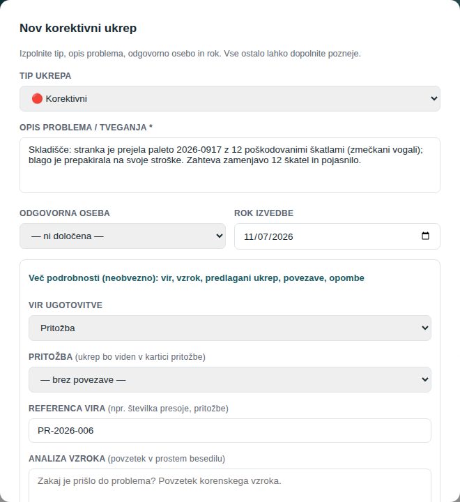 Nov korektivni ukrep v modulu CAPA z virom Pritožba in referenco na številko pritožbe