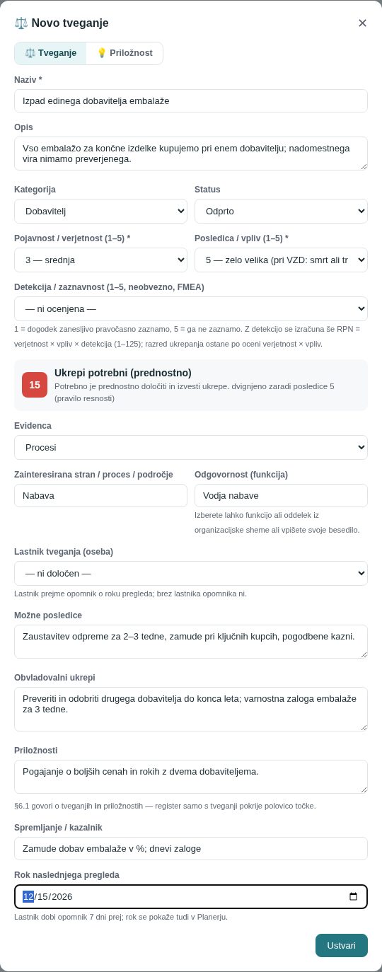 Okno Novo tveganje, izpolnjeno za tveganje »Izpad edinega dobavitelja embalaže« v evidenci Procesi