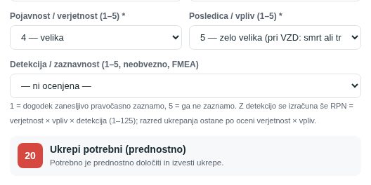 Živi predogled v oknu: pojavnost 4 × posledica 5 = 20 → razred Ukrepi potrebni (prednostno)