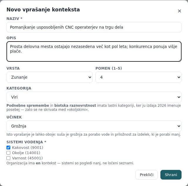 Okno Novo vprašanje konteksta, izpolnjeno za zunanje vprašanje pomena 4 (grožnja, kategorija Viri)