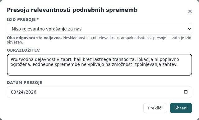 Okno Presoja relevantnosti podnebnih sprememb z izbranim izidom in obrazložitvijo