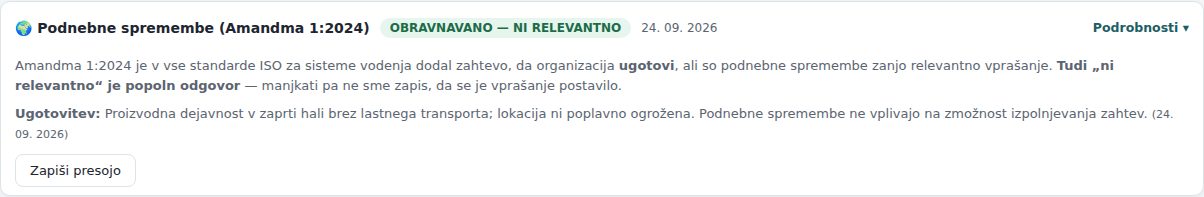 Okvir po zapisu presoje, razširjen s klikom na Podrobnosti: zeleno stanje OBRAVNAVANO — NI RELEVANTNO z ugotovitvijo in datumom (zložen je okvir ena vrstica z naslovom, stanjem in datumom)