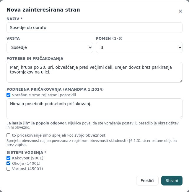 Okno Nova zainteresirana stran, izpolnjeno za sosede ob obratu s podnebno kljukico