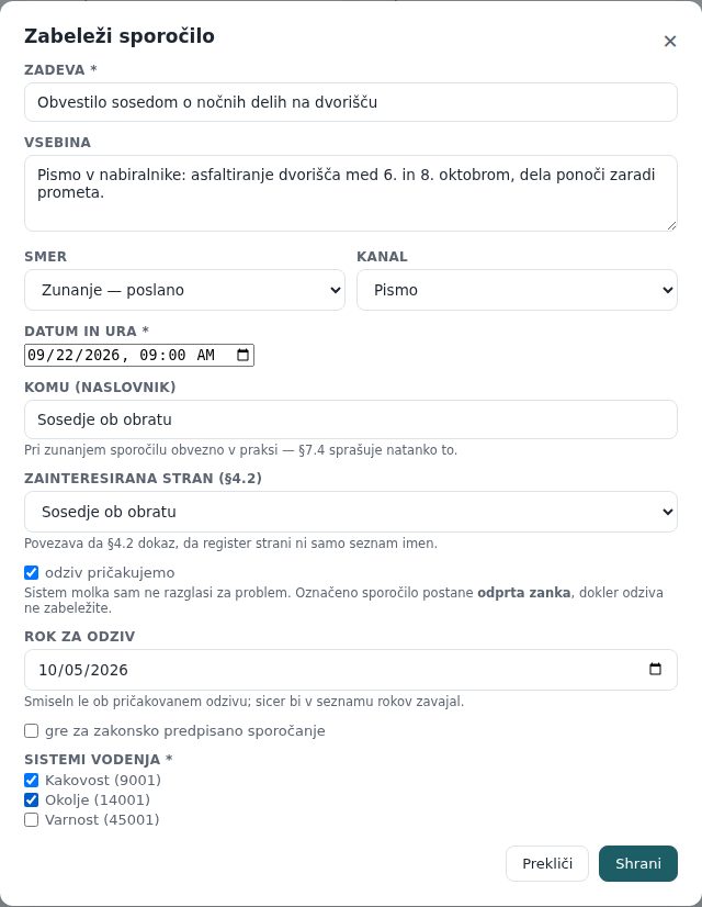 Okno Zabeleži sporočilo: zunanje pismo sosedom s pričakovanim odzivom in rokom