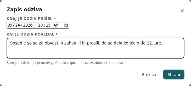 Okno Zapis odziva: datum in vsebina odgovora