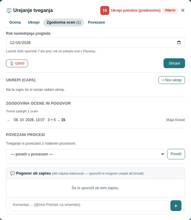 Klik na Zgodovina ocen v vrstici sidrišč: okno skoči na razdelke Ukrepi (CAPA), Zgodovina ocene in pogovor, Povezani procesi in Pogovor; glava z oceno in vrstica sidrišč ostaneta pripeti