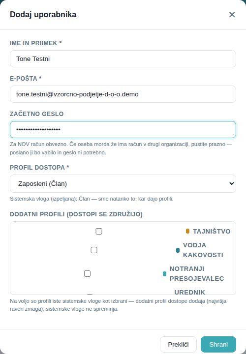 Okno Dodaj uporabnika, izpolnjeno za novega člana s profilom Zaposleni