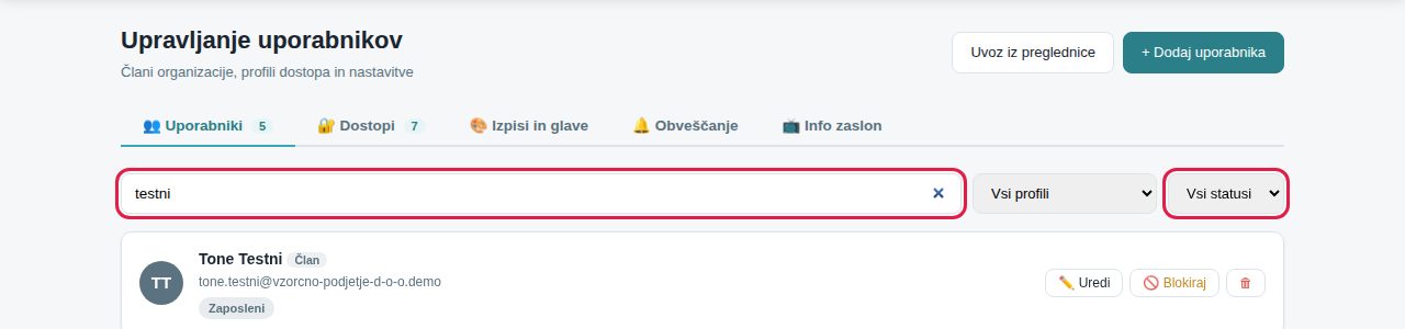 Iskalno polje in filtra po profilu in statusu
