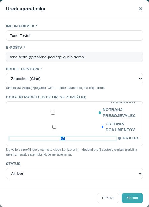 Okno Uredi uporabnika: dodan dodatni profil Bralec in polje Status
