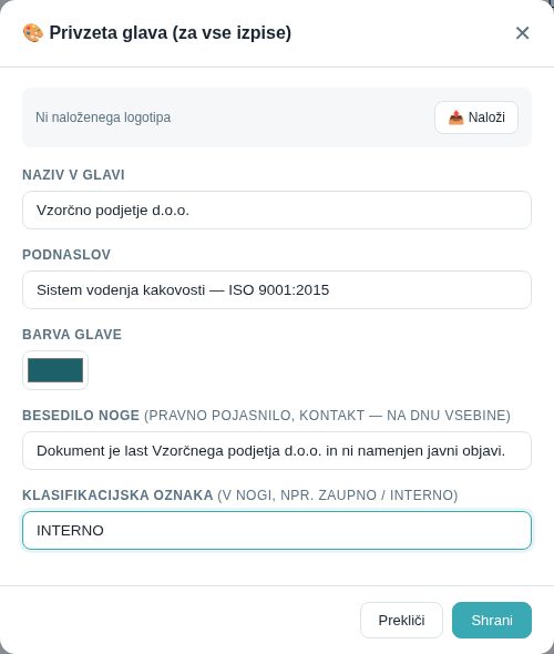 Okno Privzeta glava: naziv, podnaslov, barva, besedilo noge in oznaka INTERNO