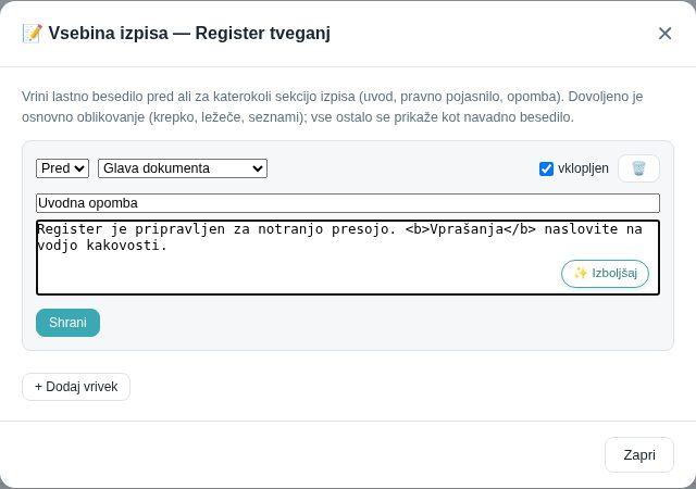 Vrivek »Uvodna opomba« pred glavo dokumenta v izpisu Register tveganj
