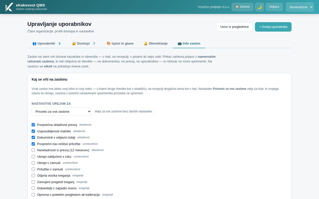 Zavihek Info zaslon: izbor kazalnikov in nastavitve vrtenja