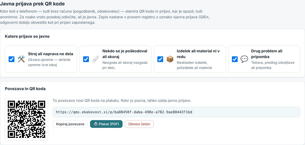 Zavihek Javna prijava (QR): stikala po vrstah, povezava s QR kodo in gumbi Kopiraj povezavo, Plakat (PDF) in Obnovi žeton