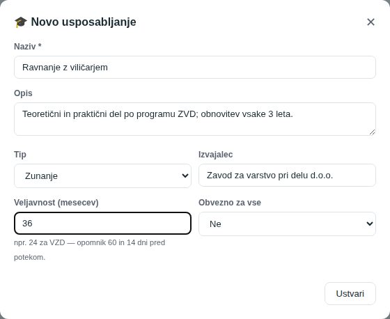 Okno Novo usposabljanje, izpolnjeno za zunanje usposabljanje z veljavnostjo 36 mesecev