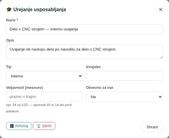 Okno Urejanje usposabljanja z gumboma Arhiviraj in Izbriši spodaj levo