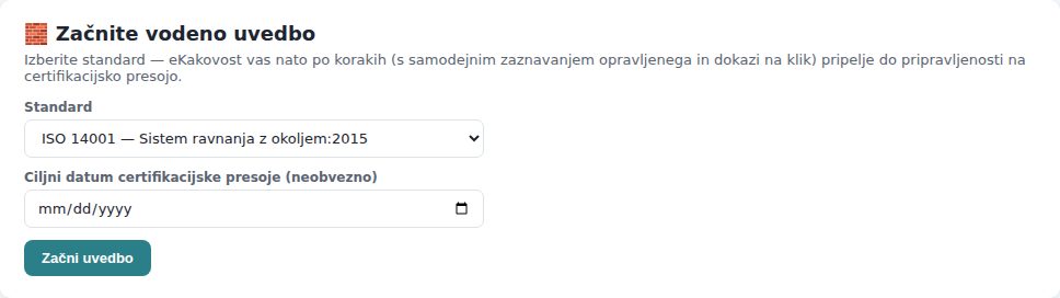 Začetni zaslon za skrbnika: izbira standarda, ciljni datum in gumb Začni uvedbo