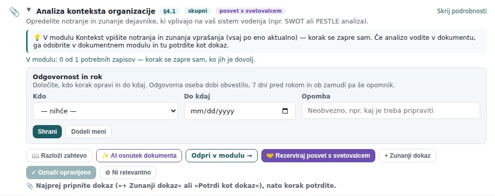 Razširjen korak §4.1 Analiza konteksta organizacije: značke, navodilo in vrstica gumbov