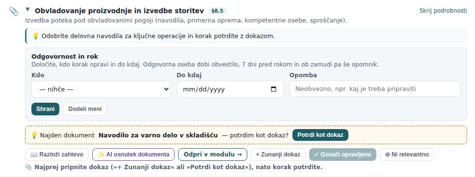 Korak tipa dokaz §8.5: navodilo, predlog najdenega potrjenega dokumenta z gumbom Potrdi kot dokaz in vrstica gumbov