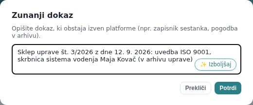 Okno Zunanji dokaz z vpisanim opisom sklepa uprave