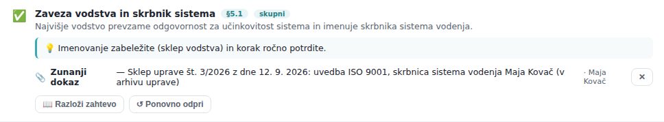 Potrjen ročni korak §5.1 s pripetim zunanjim dokazom in gumbom Ponovno odpri