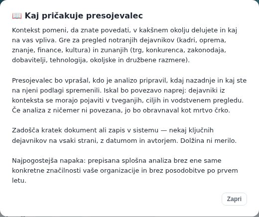 Okno Kaj pričakuje presojevalec za korak §4.1 Analiza konteksta organizacije