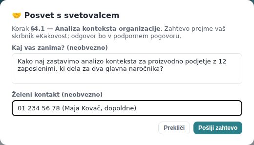 Okno Posvet s svetovalcem za korak §4.1 z vpisanim vprašanjem in kontaktom
