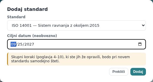 Okno Dodaj standard z izbranim ISO 14001 in ciljnim datumom; opozorilo o skupnih korakih