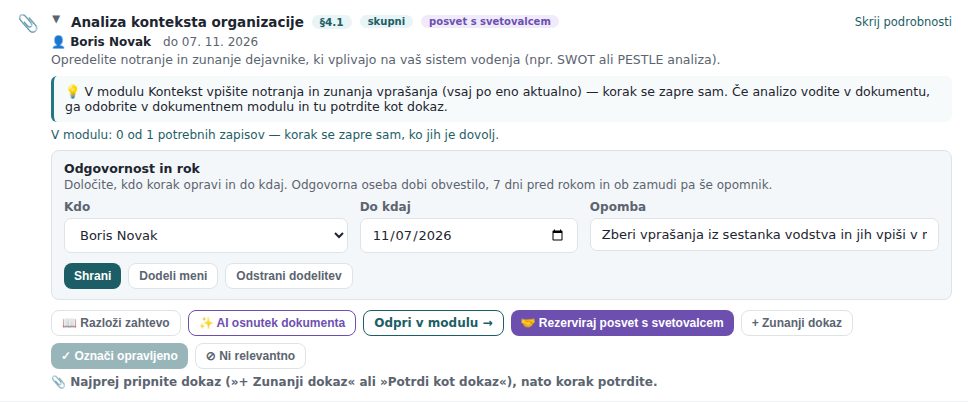 Razširjen korak §4.1 z okvirjem Odgovornost in rok: izbrana oseba, rok, opomba in gumbi Shrani, Dodeli meni in Odstrani dodelitev