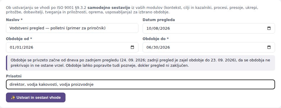 Obrazec Nov vodstveni pregled, izpolnjen za polletni pregled s seznamom prisotnih