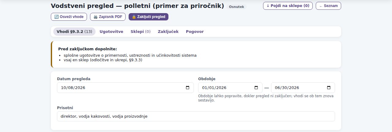 Vrh osnutka: naslov z značko Osnutek, gumbi, vrstica sidrišč (Vhodi §9.3.2 · Ugotovitve · Sklepi · Zaključek · Pogovor), seznam »Pred zaključkom dopolnite« in kartica z osnovnimi podatki